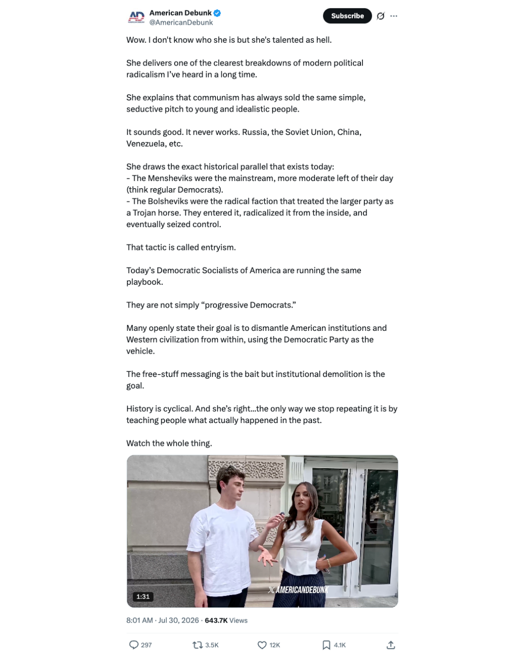 X post screenshot from American Debunk discussing the history of communism.