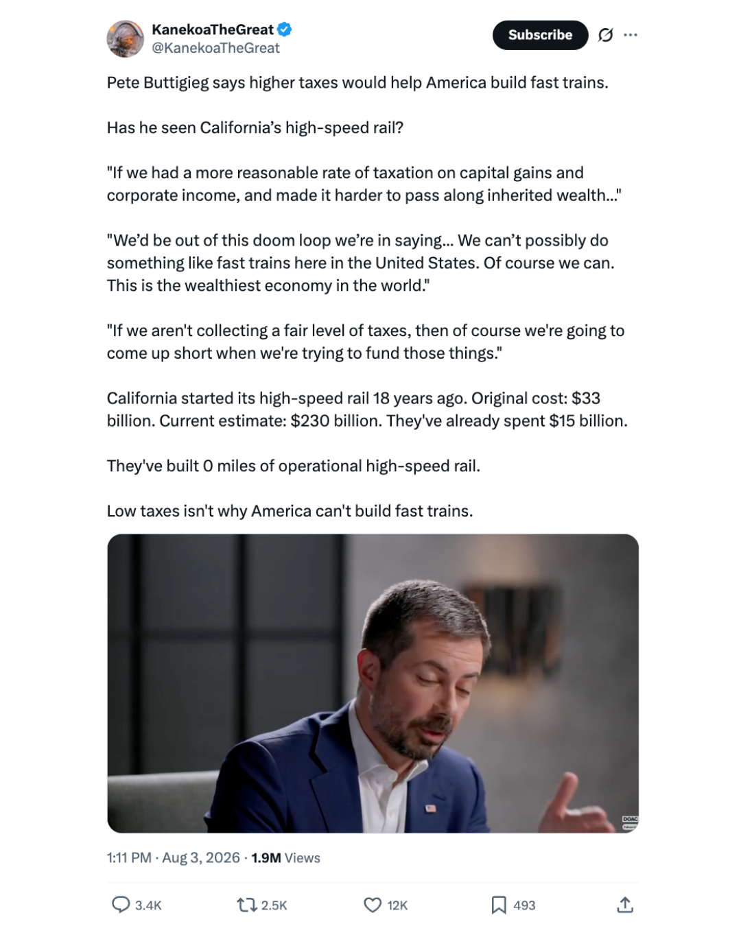 X post screenshot from KanekoaTheGreat about Pete Buttigieg and fast trains.