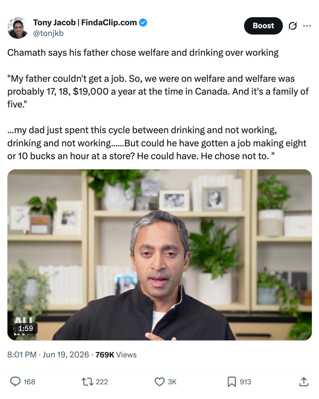 X post screenshot featuring Chamath Palihapitiya discussing welfare and his father.