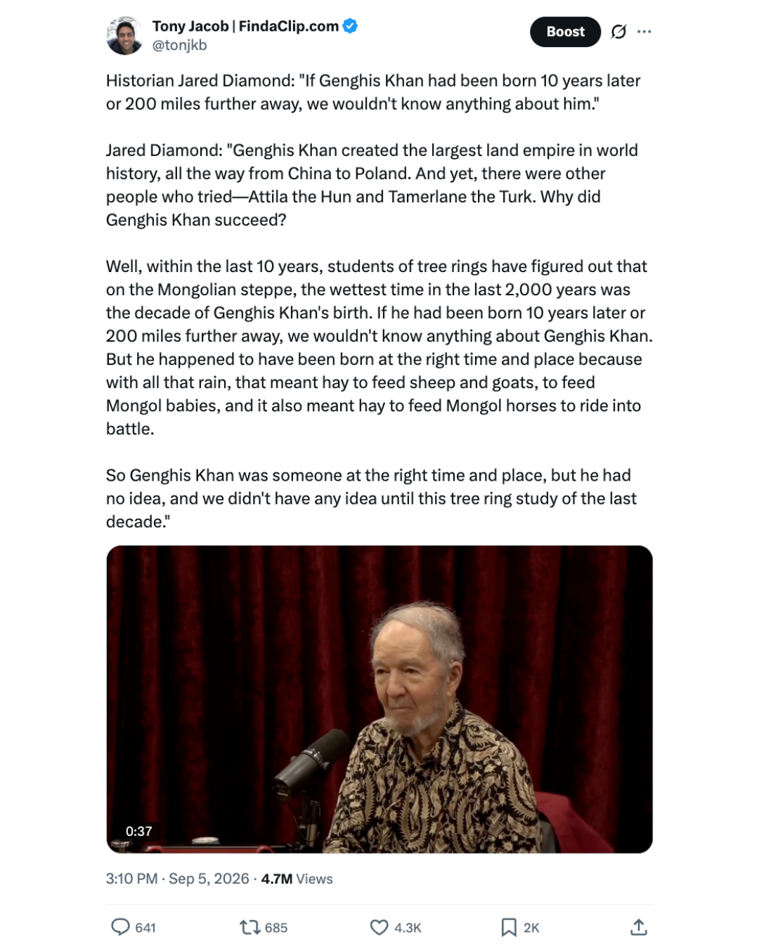 X post screenshot featuring a Jared Diamond post about Genghis Khan.