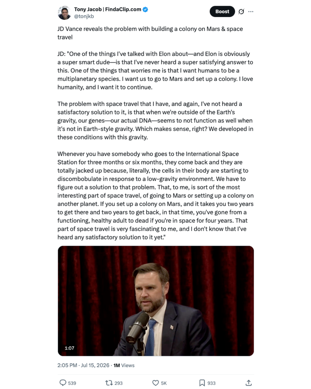 X post screenshot featuring JD Vance discussing a colony on Mars.