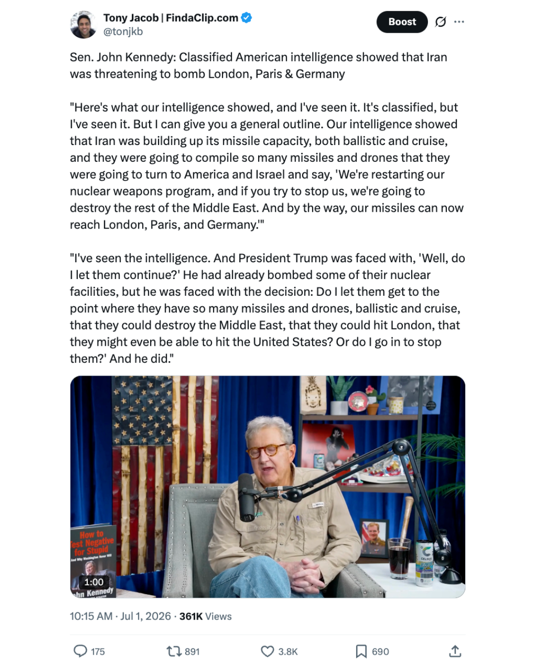 X post screenshot featuring Senator John Kennedy discussing classified intelligence about Iran.