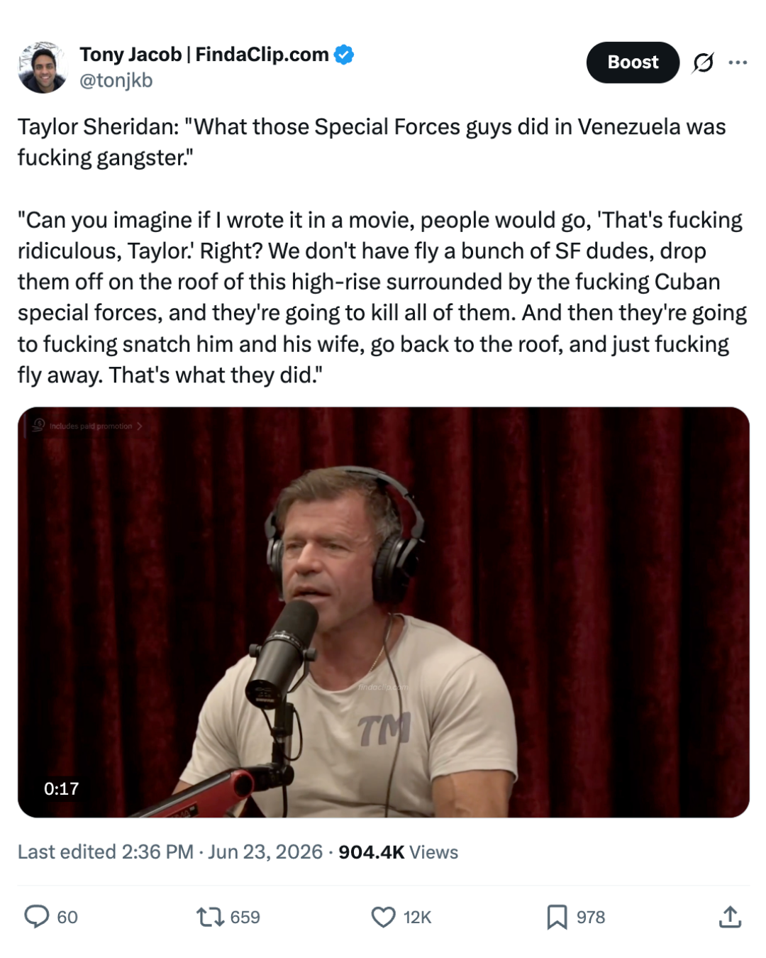 X post screenshot featuring Taylor Sheridan discussing a Special Forces rescue in Venezuela.